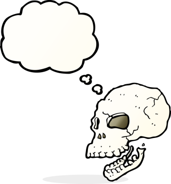 Bir insan tarafından çizilmiş düşünce baloncuklu garip kafatası.