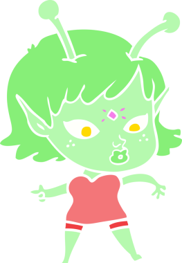 Bir insan tarafından çizilmiş düz renk çizgi film uzaylı kızı.