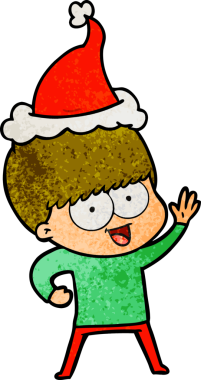 Bir insan tarafından çizilmiş Noel Baba şapkası giymiş bir çocuğun çizilmiş mutlu el çizimi karikatürü.