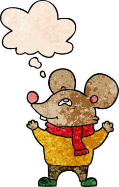 Bir insan tarafından çizilmiş grunge desen biçiminde düşünce baloncuğu olan eşarp takan çizgi film faresi