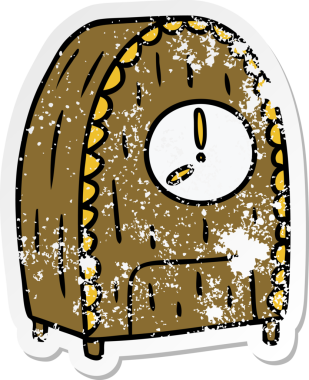 Bir insan tarafından çizilmiş eski moda bir saatin çizilmiş, kederli bir çıkartma karikatürü.