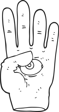 Bir insan tarafından çizilmiş siyah-beyaz çizilmiş ürkütücü bir el.