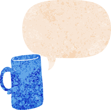 Bir insan tarafından çizilmiş grunge ile konuşma balonu ile çizgi film kupası sıkıntılı retro desen