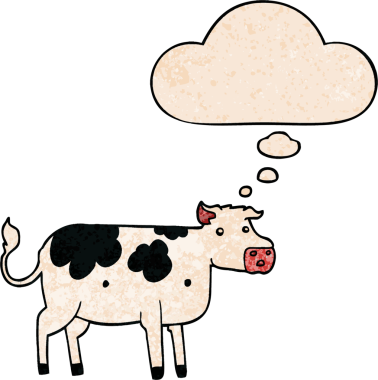 Bir insan tarafından çizilmiş grunge desenli düşünce baloncuklu çizgi film ineği.