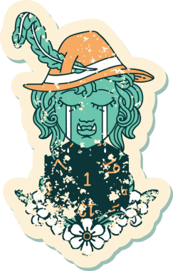 Retro Dövme Tarzı Hüzünlü yarım Ork Ozan Karakteri Bir insan tarafından çizilmiş doğal bir d20 rulo