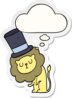 Üzerinde düşünce kabarcığı olan silindir şapka takan tatlı bir aslan çizgi film aslanı.