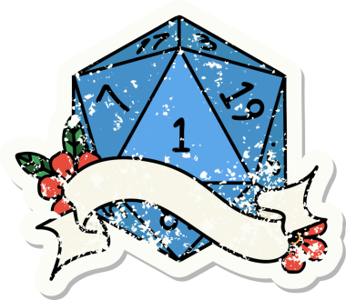 Bir insan tarafından çizilmiş doğal bir d20 zarının grunge çıkartması.