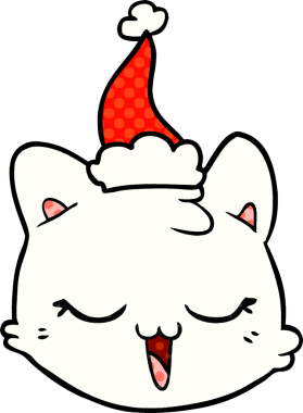 Bir insan tarafından çizilmiş Noel Baba şapkası takan kedi suratlı bir çizgi roman tasviri.