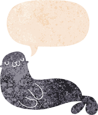 Bir insan tarafından çizilmiş grunge dertli retro desenli konuşma baloncuklu sevimli karikatür fok