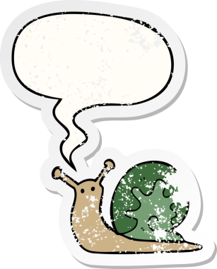 Konuşma balonlu çizgi film salyangozu bir insan tarafından çizilmiş sıkıntılı eski bir çıkartma