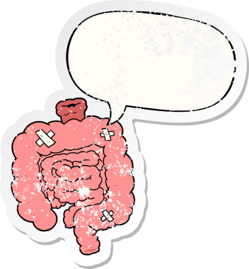 Karikatür, konuşma baloncuğuyla bağırsakları onardı. Bir insan tarafından çizilmiş sıkıntılı eski bir çıkartma.