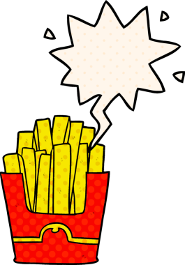 Bir insan tarafından çizilmiş çizgi roman tarzı konuşma balonlu abur cubur kızartması.