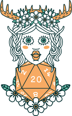 Retro Dövme Tarzı Elf Karakteri Nautral 20 zar bir insan tarafından çizilmiş