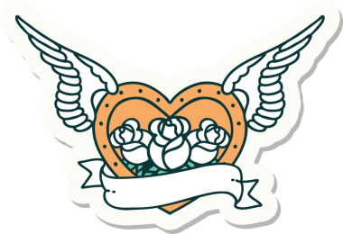 Geleneksel bir dövme stili. Uçan kalp. Çiçekler ve bir insan tarafından çizilmiş bayrak.