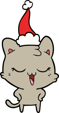 Mutlu el çizimi çizimi bir insan tarafından çizilmiş Noel Baba şapkası takan bir kedi.