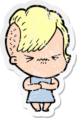 Bir insan tarafından çizilmiş sinirli bir hippi kızın sıkıntılı çıkartması.