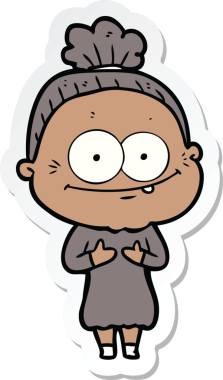 Bir insan tarafından çizilmiş mutlu yaşlı bir kadının çıkartması.