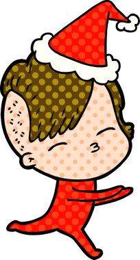 Bir insan tarafından çizilmiş Noel Baba şapkası giyen bir kızın el çizimi çizgi roman tarzı çizimi.