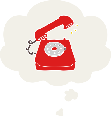 Düşünce baloncuğu olan eski bir telefon insan tarafından çizilmiş.