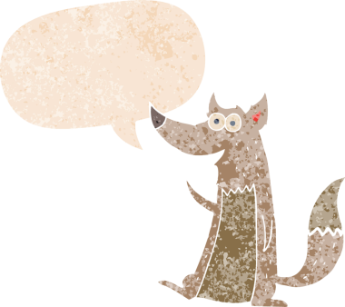 Konuşma baloncuğu olan bir karikatür kurdu, bir insan tarafından çizilmiş, sıkıntılı eski moda bir stil.