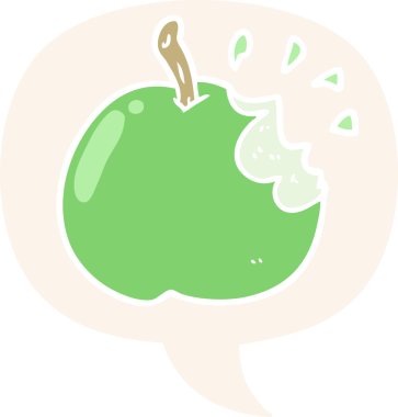 Bir insan tarafından çizilmiş eski usul konuşma baloncuklu taze ısırılmış elma çizgi filmi.