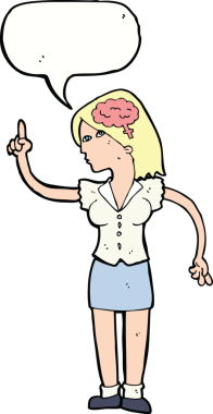 Bir insan tarafından çizilmiş konuşma baloncuğu ile zekice bir fikri olan karikatür kadın.