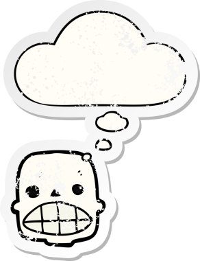 Düşünce baloncuklu karikatür kafatası bir insan tarafından çizilmiş yıpranmış bir çıkartma gibi.