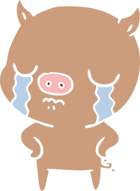 Düz renkli çizgi film domuz elleri kalçasında ağlayan bir insan tarafından çizilmiş.