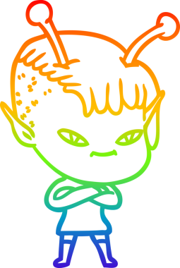 Gökkuşağı gradyan çizgisi bir insan tarafından çizilmiş şirin bir uzaylı kızın çizimi.