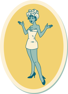 Bir insan tarafından çizilmiş havlulu bir kızın geleneksel stiliyle dövme çıkartması.