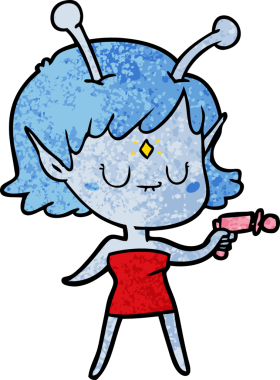 Bir insan tarafından çizilmiş ışın tabancalı uzaylı kız.