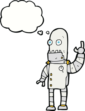 Bir insan tarafından çizilmiş düşünce baloncuklu çizgi film robotu.