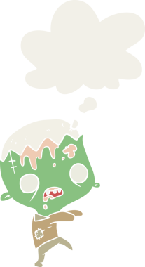 Düşünce baloncuğu olan bir insan tarafından çizilmiş bir zombi çizgi filmi.