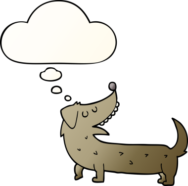 Düşünce baloncuğu olan çizgi film köpeği bir insan tarafından çizilmiş.