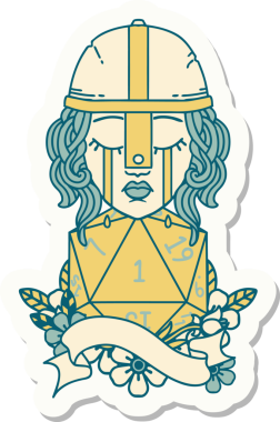 Ağlayan bir insan dövüşçüsünün çıkartması. Bir insan tarafından çizilmiş doğal bir D20 rulosu.