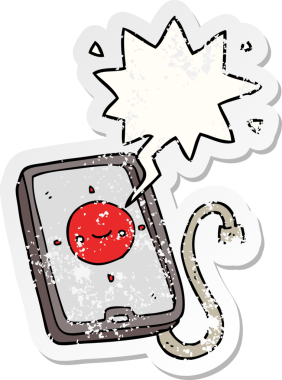 Konuşma baloncuklu çizgi film cep telefonu cihazı bir insan tarafından çizilmiş sıkıntılı eski bir çıkartma