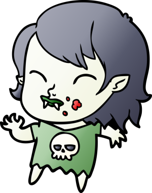 Bir insan tarafından çizilmiş yanağında kan olan vampir kız çizgi filmi.