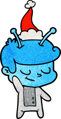 Bir insan tarafından çizilmiş Noel Baba şapkası giymiş bir uzay adamının dostane bir el çizimi çizimi.