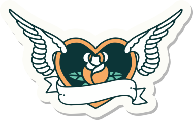 Geleneksel bir dövme stili. Uçan kalp. Çiçekler ve bir insan tarafından çizilmiş bayrak.