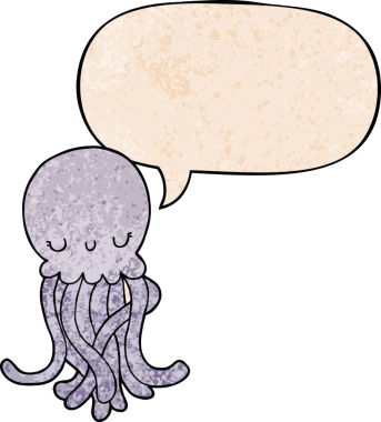 Bir insan tarafından çizilmiş geçmişe dönük konuşma baloncuğu olan sevimli çizgi film denizanası.