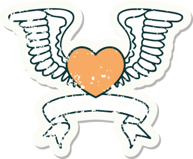 Bir insan tarafından çizilmiş kanatlı bir kalbin bayrağını taşıyan eski bir etiket.