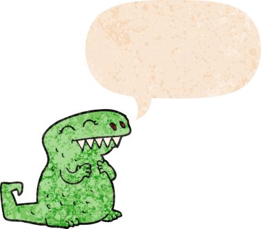 grunge 'da konuşma baloncuğu olan karikatür dinozoru bir insan tarafından çizilmiş tedirgin geçmiş dokuya sahip.