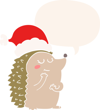 Çizgi film kirpisi, noel şapkası takıyor ve konuşma baloncuğu bir insan tarafından çizilmiş.