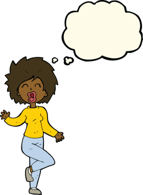 Bir insan tarafından çizilmiş düşünce baloncuğuyla dans eden çizgi film kadını.