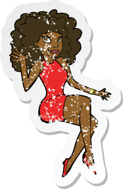 Bir insan tarafından çizilmiş, karikatürde oturan bir kadının gerilimli retro yapıştırması.