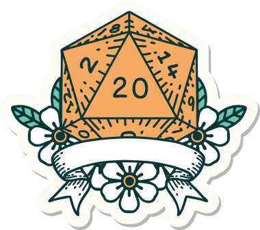 Bir insan tarafından çizilmiş 20 kritik vuruşluk D20 zar etiketi.