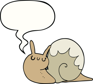 Bir insan tarafından çizilmiş konuşma balonlu şirin çizgi film salyangozu.