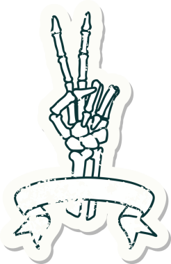 İskelet sancağıyla eski bir çıkartma. Bir insan tarafından çizilmiş barış işareti.