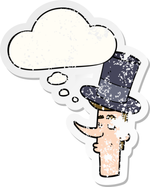 Düşünce baloncuklu silindir şapkalı karikatür adamı bir insan tarafından çizilmiş yıpranmış bir çıkartma gibi.