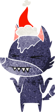 Kızgın kurt el, bir insan tarafından çizilmiş Noel Baba şapkasının retro karikatürünü çizdi.